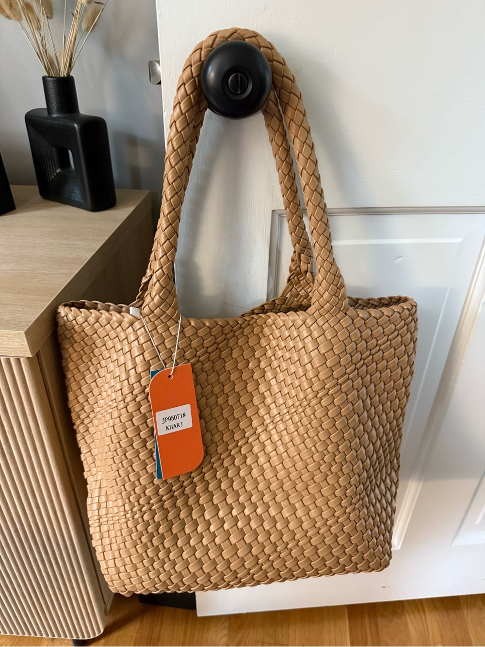 Woven Tote Bag in Khaki - Stylish Everyday tote